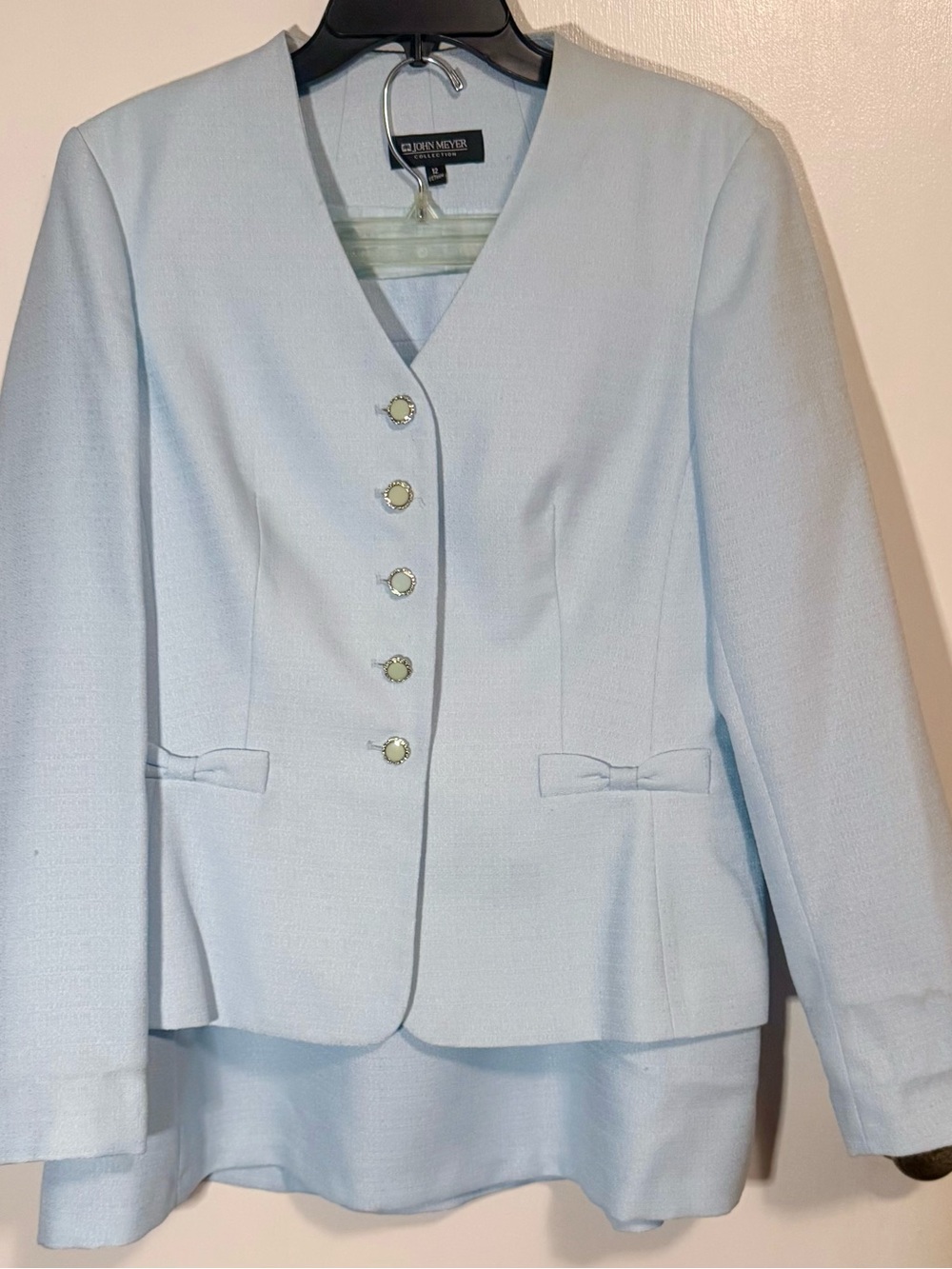 John Meyer Powder Blue Bow Accent Blazer & Skirt Suit